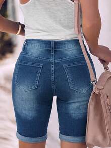 Women's Fashionable Casual Denim Shorts, Spring/Summer - Medium Blue - View 2