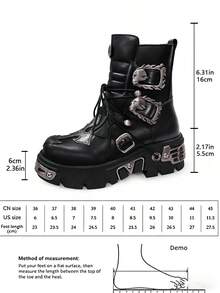 AYUSTONG Women's Solid Black Punk Style Wedge Platform Ankle Boots, Front Lace-Up Metal Buckle Zipper Decor Combat Boots - Black - View 21
