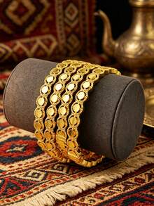 1/4Pcs Geometric Texture Bracelet, Stackable Middle Eastern Style Women's Wristband - Yellow Gold - View 2
