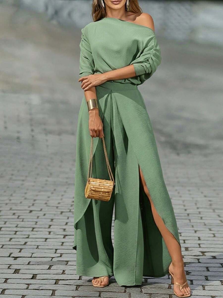 ChicMe 2 piezas Conjunto de mujer, blusa con mangas de murciélago de hombros abiertos emparejada con pantalones de pierna ancha con abertura y cintura elástica, conjunto casual elegante adecuado para la oficina, vacaciones, fiesta y otras ocasiones de primavera - Verde - Ver 1