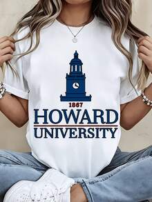 Women Summer Clothing Shirt Howard University 1867 Clock Tower Print Short Sleeve Casual And Sporty Wear - 白色 - 查看 2