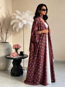 Polka Dot Print Open Front Abaya Kimono, Wide Flare Sleeve Loose Modest Muslim Long Outerwear Cardigan For Daily Holiday Occasions - Multicolor - View 29