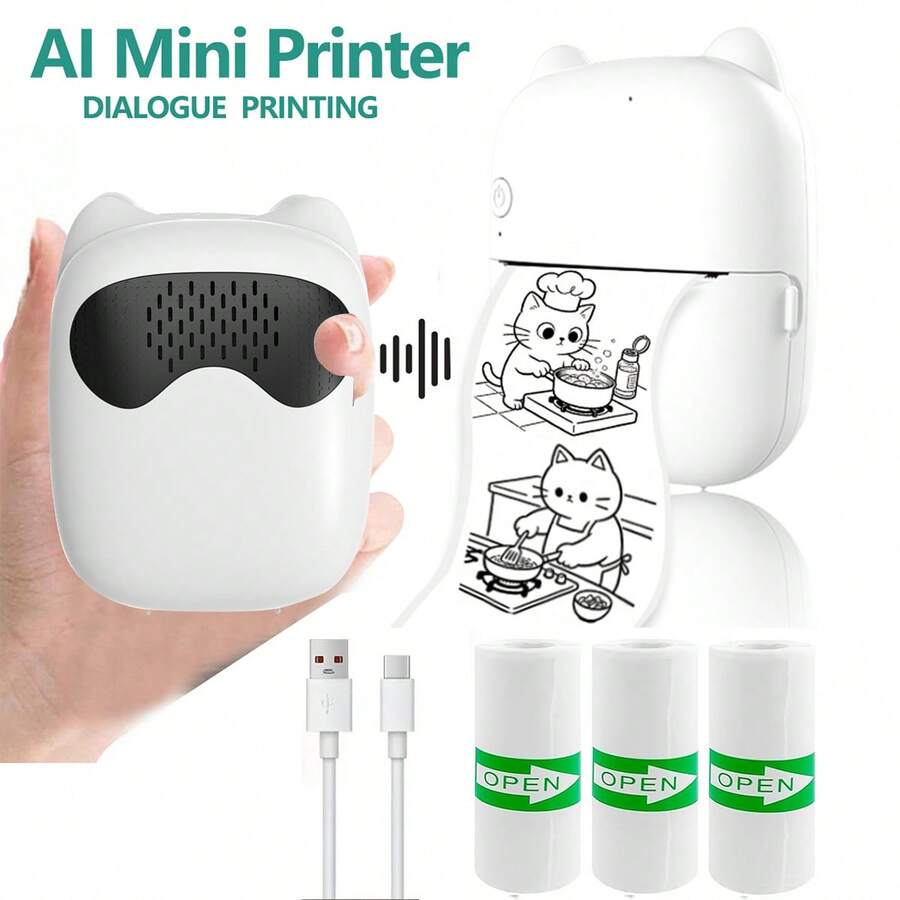 AI Mini Printer, Portable Thermal Inkless AI Mini Sticker Printer, Supports Voice Control, Photo Generation And Smart Learning, Suitable For Notes, Drawing And DIY Creativity