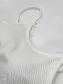Áo tank top ôm dáng, chất liệu gân sọc, phối ren trắng, dành cho nữ, kiểu dáng thoải mái, mềm mại, không tay, có đệm mút tích hợp, áo thun màu trơn với điểm nhấn nơ. - trắng - Xem 8