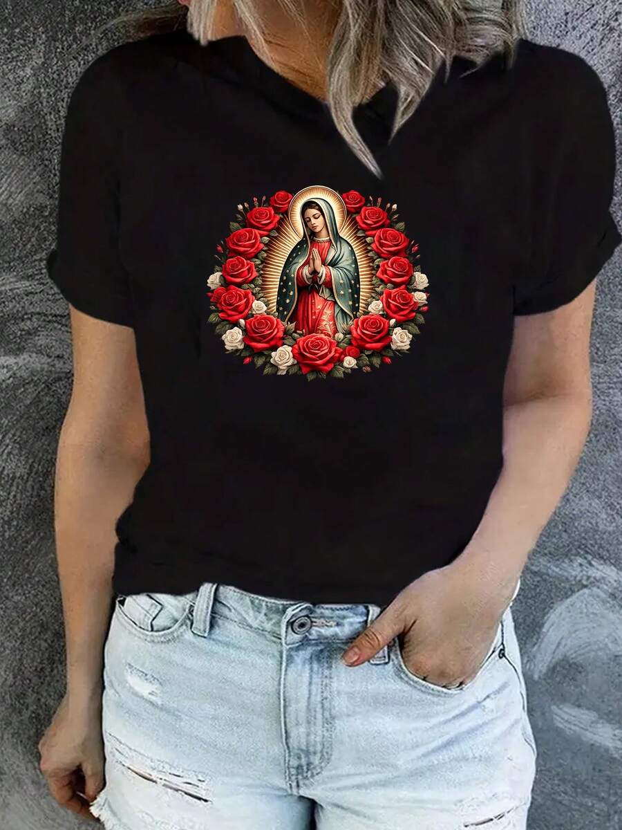 Maglietta Casual A Maniche Corte Con Scollo Rotondo E Stampa Di Rose In Fiore E Donna In Preghiera, Ideale Per Il Tempo Libero In Primavera Ed Estate, Perfetta Come Regalo Di Com - 後退 - 查看 1