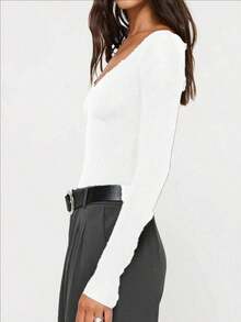 Blusa negra de manga larga, cuello en V, cintura ceñida, ajuste delgado, estilo casual y sexy para primavera - Blanco - Ver 2