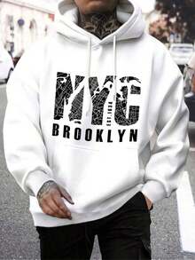 Sudadera Casual Urbana para Hombre, con Estampado de Lema de Nueva York, Bolsillo y Cordón Ajustable, Primavera/Otoño - Blanco - Ver 1