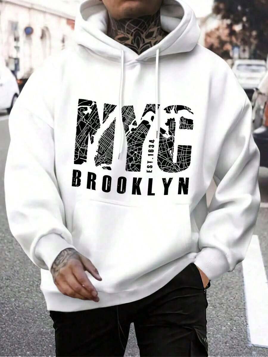 Sudadera Casual Urbana para Hombre, con Estampado de Lema de Nueva York, Bolsillo y Cordón Ajustable, Primavera/Otoño - Blanco - Ver 1