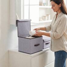2 Foldable Fabric Organizer Boxes With Lids Home Clothing - Grey - View 5