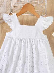 Young Girl Summer Casual Solid Color Square Neck Cap Sleeve Hollow Out Patchwork Fashion Dress - White - View 4