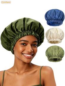 CONFLASS Double Layer Solid Color Waterproof Shower Cap, Satin Lined Bath Cap, Reusable Bath & SPA Hair Care Cap - Multicolor - View 3