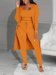 Casual Ribbed 3-Piece Set, Crop Top+High Waisted Drawstring Pants+Long Cardigan, Women's Clothing - 橘色 - 查看 8
