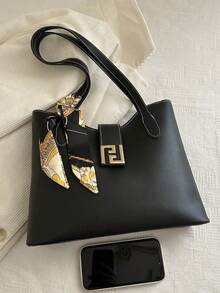 1pc PU Shoulder Tote Bag With Scarf Decor, Large Capacity, Lightweight And Versatile, Suitable For Commuting - Black - View 6