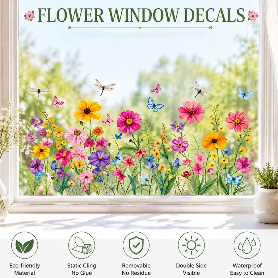 Anti-Collision Window Stickers, Double-Sided Floral Glass Stickers, Glue-Free Static Removable Wildflower Decorative Stickers Suitable For Windows, Mirrors, Bathroom Decor - Bird-proof Window Stickers - View 1