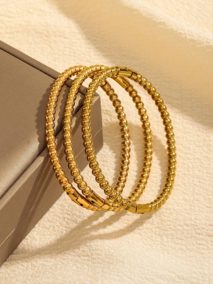 1/3PCS Fashion Versatile 18k Gold Plated Stainless Steel Ball Shaped Women's Bracelet Set Suitable For Daily Wear - Gold - View 1