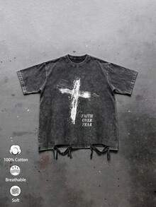 1pc Men's Vintage Washed Black T-Shirt With Distressed Cross Graphic, "Faith Over Fear" Slogan, Ripped Frayed Hem Short Sleeve Loose Breathable Top - Black - View 1