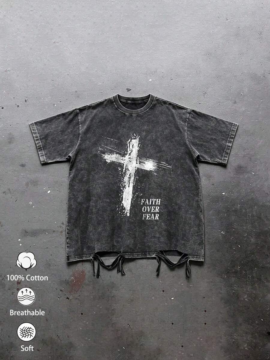 1pc Men's Vintage Washed Black T-Shirt With Distressed Cross Graphic, "Faith Over Fear" Slogan, Ripped Frayed Hem Short Sleeve Loose Breathable Top - Black - View 1