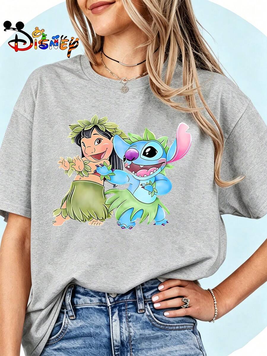Breathable Cotton Disney Fan Tee | "Hula Lilo & Stitch" Hawaiian Luau Outfit Graphic Print | Family-Friendly Park Day Pullover Shirt - Xám - Xem 1