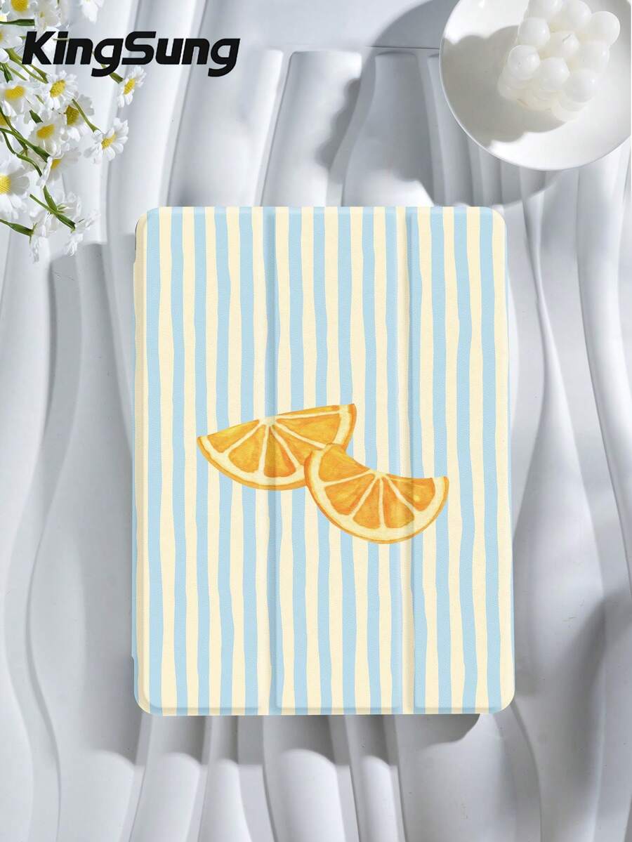 Kingsung Cream Yellow & Blue Striped Lemon Tablet Protective Case, Compatible With IPad Air 8(M4)2026(11 Inch), Air 8(M4)2026(13 Inch), 9.7/10.2/10.5/10.9/12.9/Pro 11, 10th Generation, Compatible With Samsung Galaxy Tab S6 Lite 10.4 Inch, Compatible With Kindle Paperwhite 12th Gen 2024, Kindle (11th Generation) 2022 Edition, Soft Shockproof, Smart Stand/Auto Wake/Sleep