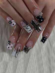 Instantly Upgrade Your Look With 24 Square Nails Art Pieces, Cool Dark Style, Black Polka Dot Metallic Heart, Hollowed-Out Spider Web French Tip Nails Metallic Bow, Suitable For Ladies And Girls, A Must-Have For Parties And Shopping Fake Nails - 彩色 - 查看 1