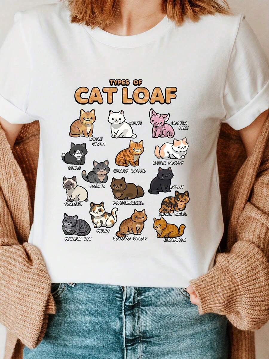 Playera de cuello redondo con estampado de gato, manga corta, top casual verano y primavera, ropa de - Blanco - Ver 1