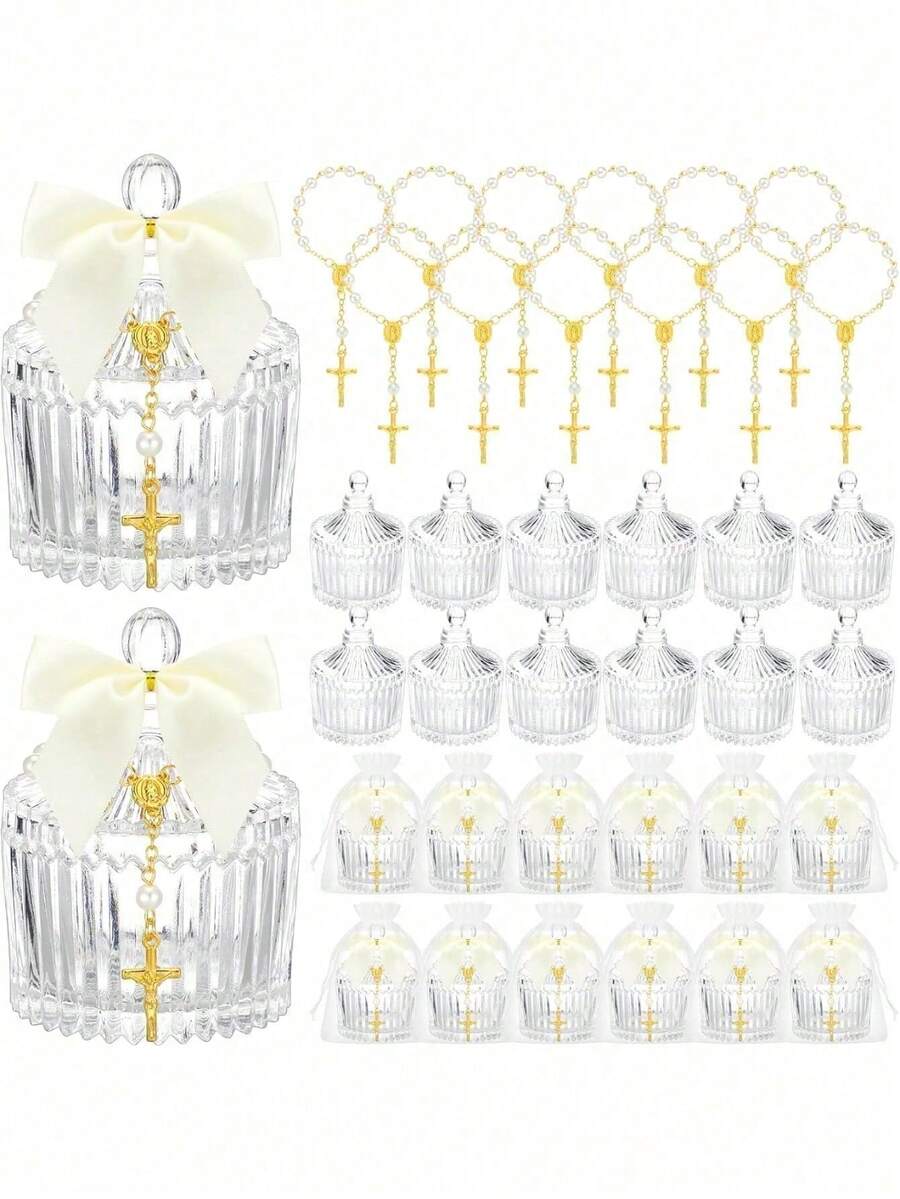 6 Sets Crystal Candy Bowl Baptism Gifts With 6 Cross Rose Baptism Decorations, Wedding Baby Shower First Communion Party Supplies (White) - Multicolor - View 1
