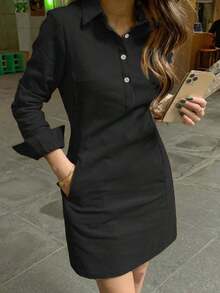 Vestido corto elegante de mujer con manga larga, estilo de moda casual con solapa y decoración de botones, para primavera y otoño - Negro - Ver 4