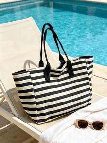 Premium Tote Bag Available In Large And Small Sizes, Featuring A Stylish Black-And-White Striped Design. This Versatile, Foldable Canvas Bag Functions - Multicolor - View 9