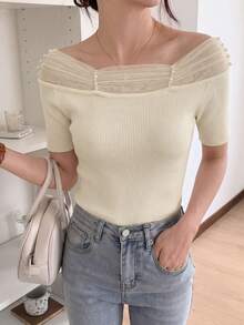French Elegant Off Shoulder Mesh Splice Beaded Knit Sweater, Versatile Fitted Crop Top For Work, Dating, Vacation Summer - Apricot - View 7