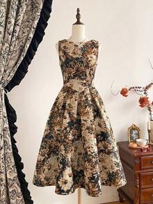 xheVintamour Vestido de mujer elegante y clásico vintage, vestido ajustado de jacquard para primavera/verano, vestido de escote barco, vestido floral rosa sobre base albaricoque, vestido rosa, vestido de vuelo de longitud mediaxhe - Amarillo 2 - Ver 2
