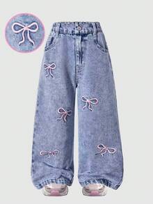 少女蝴蝶結刺繡口袋寬腳鬆身牛仔褲 - 藍色 - 查看 1