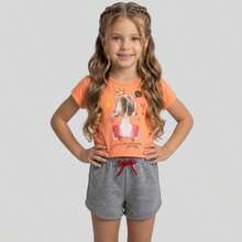 Conjunto Infantil Menina Cropped Algodão Estampado + Shorts Moletinho Roupa Infantil Feminina Confortável Verão - Coral - Visão 2