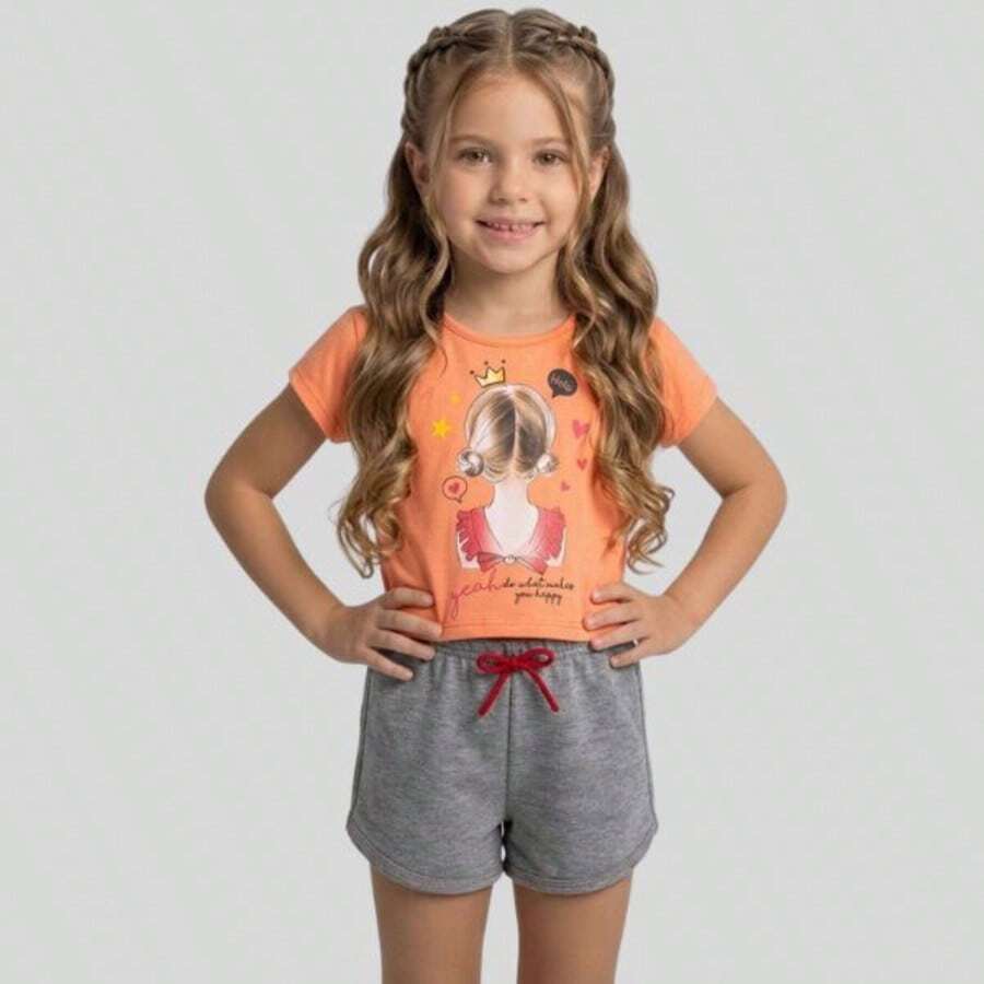 Conjunto Infantil Menina Cropped Algodão Estampado + Shorts Moletinho Roupa Infantil Feminina Confortável Verão