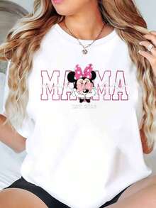 Disney Minnie Mouse Mama Est 2026 Graphic Print Women T Shirt Round Neck Short Sleeve Casual Everyday Wear Motherhood Gift Soft Comfortable 220g - trắng - Xem 1