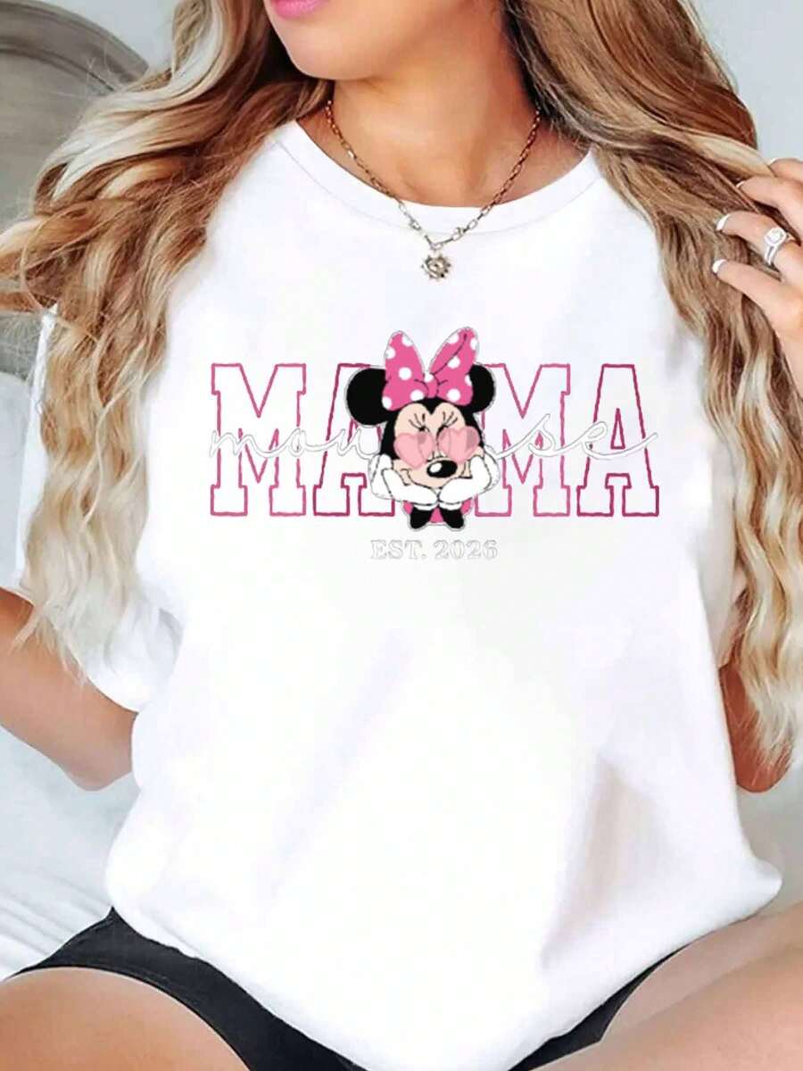 Disney Minnie Mouse Mama Est 2026 Graphic Print Women T Shirt Round Neck Short Sleeve Casual Everyday Wear Motherhood Gift Soft Comfortable 220g - trắng - Xem 1