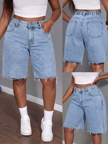 Plus Size Denim Shorts, Retro American Loose Fit Bermuda Shorts, Light Blue Distressed Design Summer Casual - Light Blue - View 2