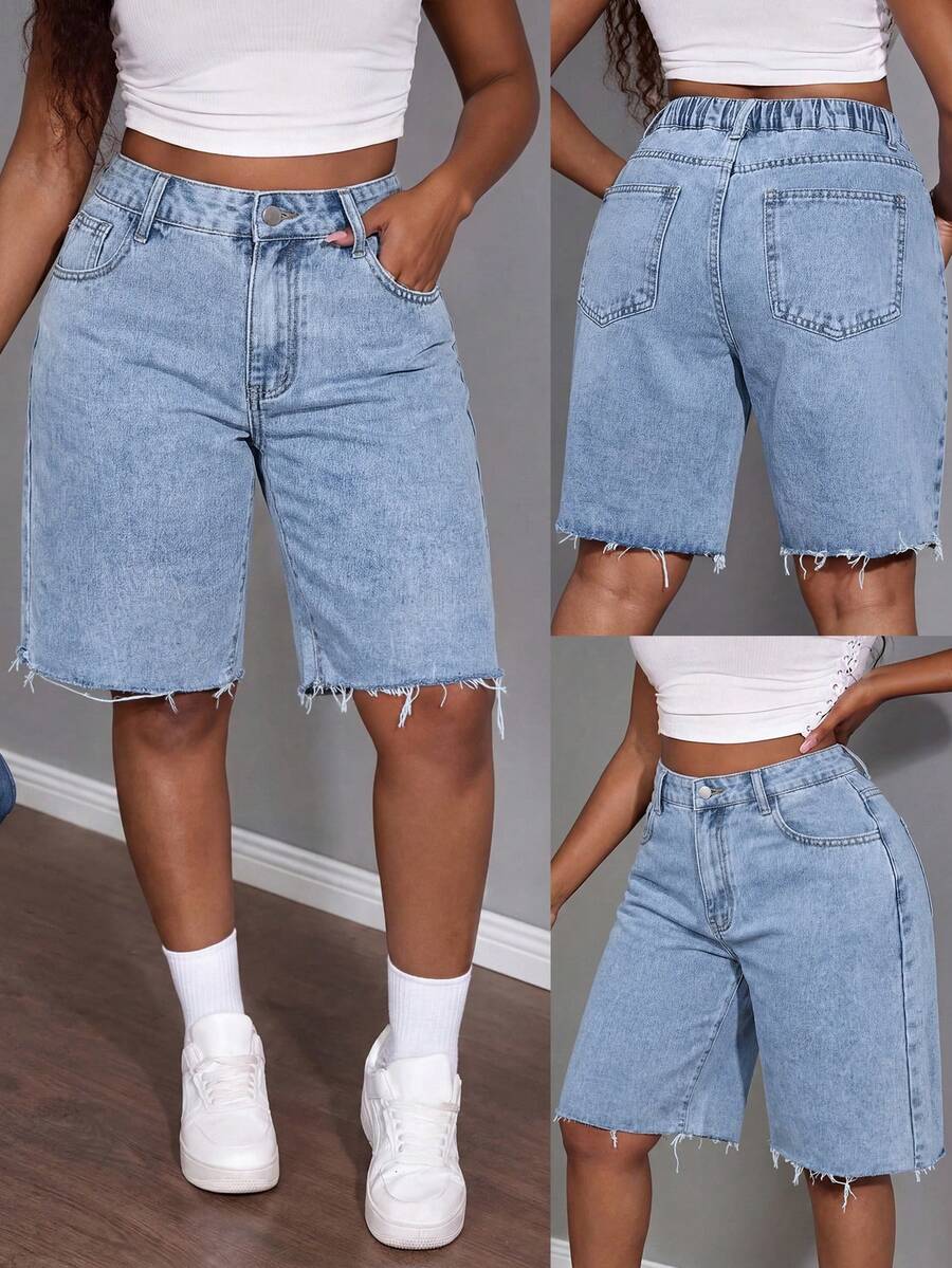 Plus Size Denim Shorts, Retro American Loose Fit Bermuda Shorts, Light Blue Distressed Design Summer Casual