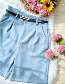 Women's Tailored Bermuda Shorts With Belt, Zipper, And Bag - 淺藍色 - 查看 3