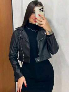 Stylish Leather Jacket With Zipper And Button - Black - View 1