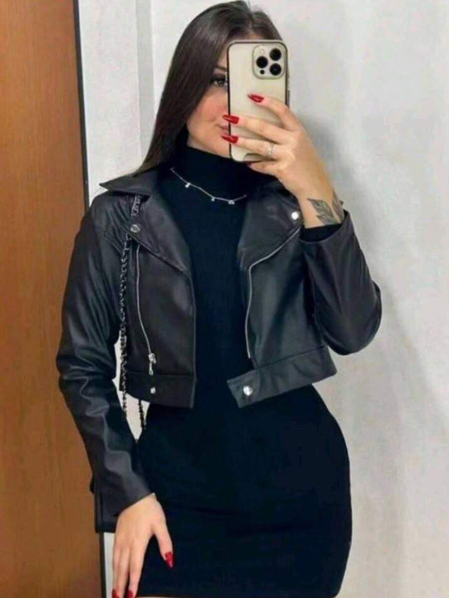 Stylish Leather Jacket With Zipper And Button - Black - View 1