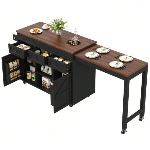 Kitchen Island With Storage, Extendable Dining/Bar Table (131.5-210 Cm), 360° Swivel, With Drawers And Cupboards, Versatile Worktop For Kitchen, Dining Room And Small Spaces, Black - Black - View 1
