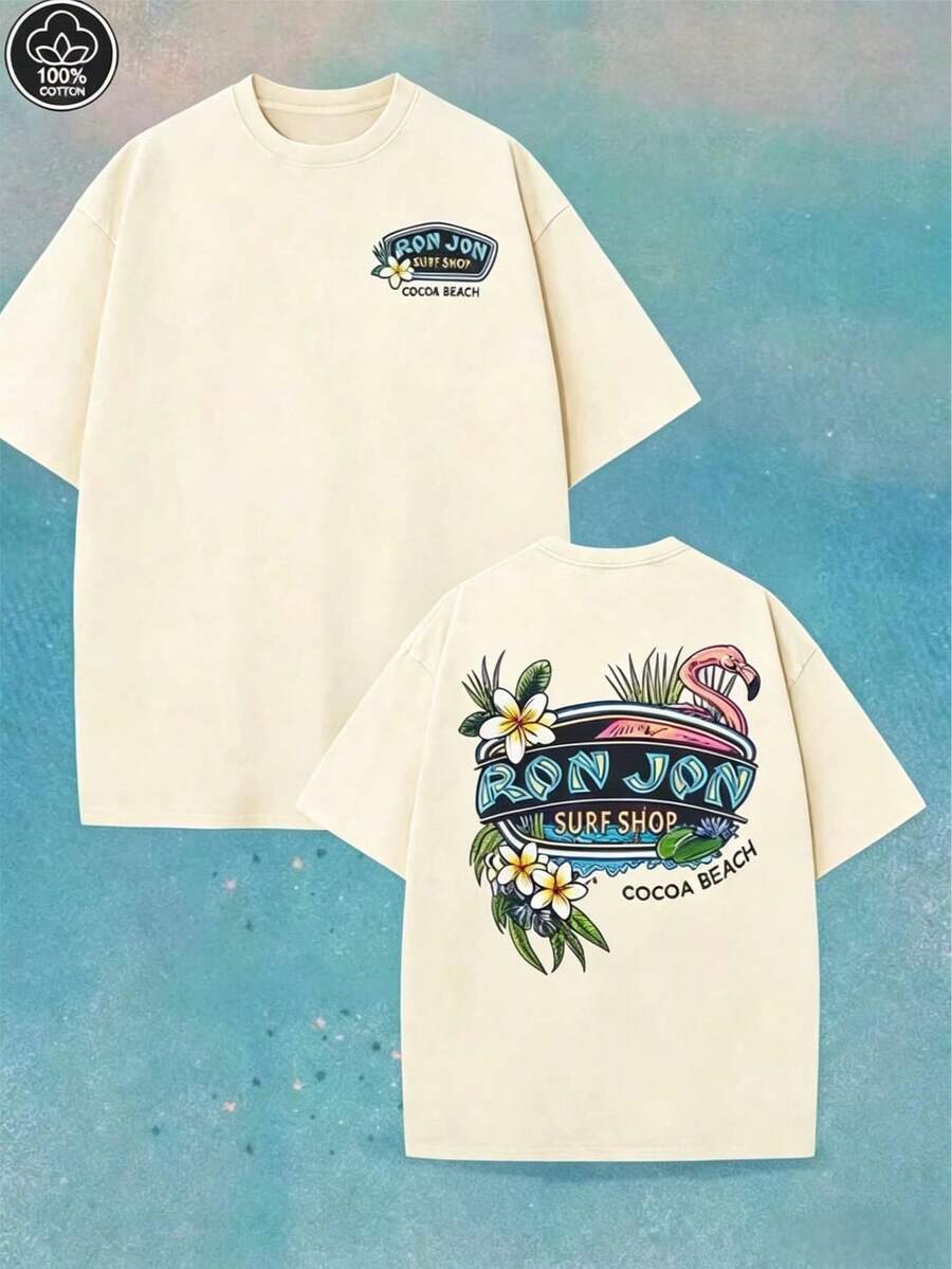 2026 New Everyday Tops. 230g Cotton Tee With Surf Shop Print, Breathable & Lightweight. Street Style Unisex Top, Great For Daily Look And Vacation. - Màu be - Xem 1