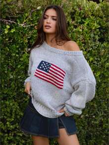 Women American Flag Off Shoulder Knit Sweater, Oversized Star Stripe Long Sleeve Loose Pullover, Patriotic Jumper For 4th Of July Daily Casual Wear - 灰色 - 查看 1