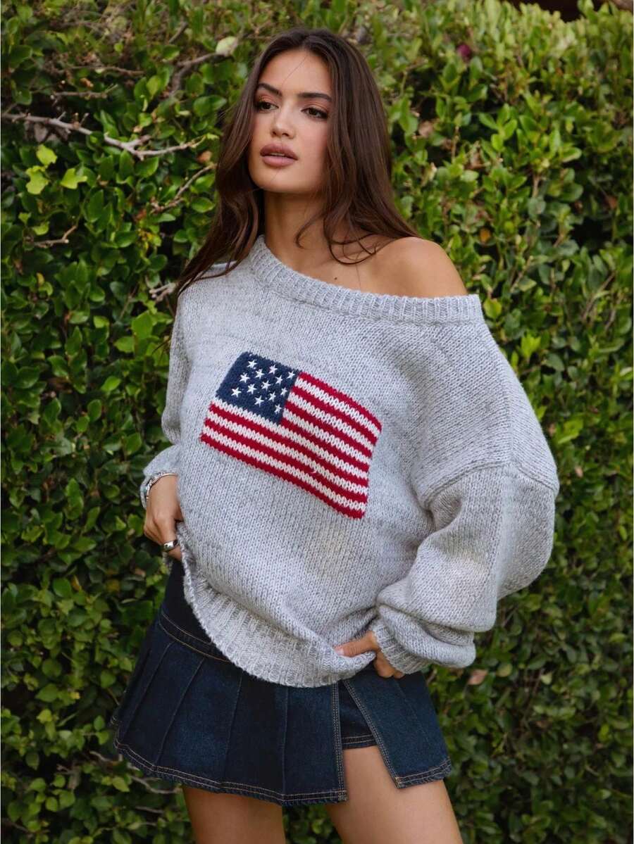 Women American Flag Off Shoulder Knit Sweater, Oversized Star Stripe Long Sleeve Loose Pullover, Patriotic Jumper For 4th Of July Daily Casual Wear - 灰色 - 查看 1