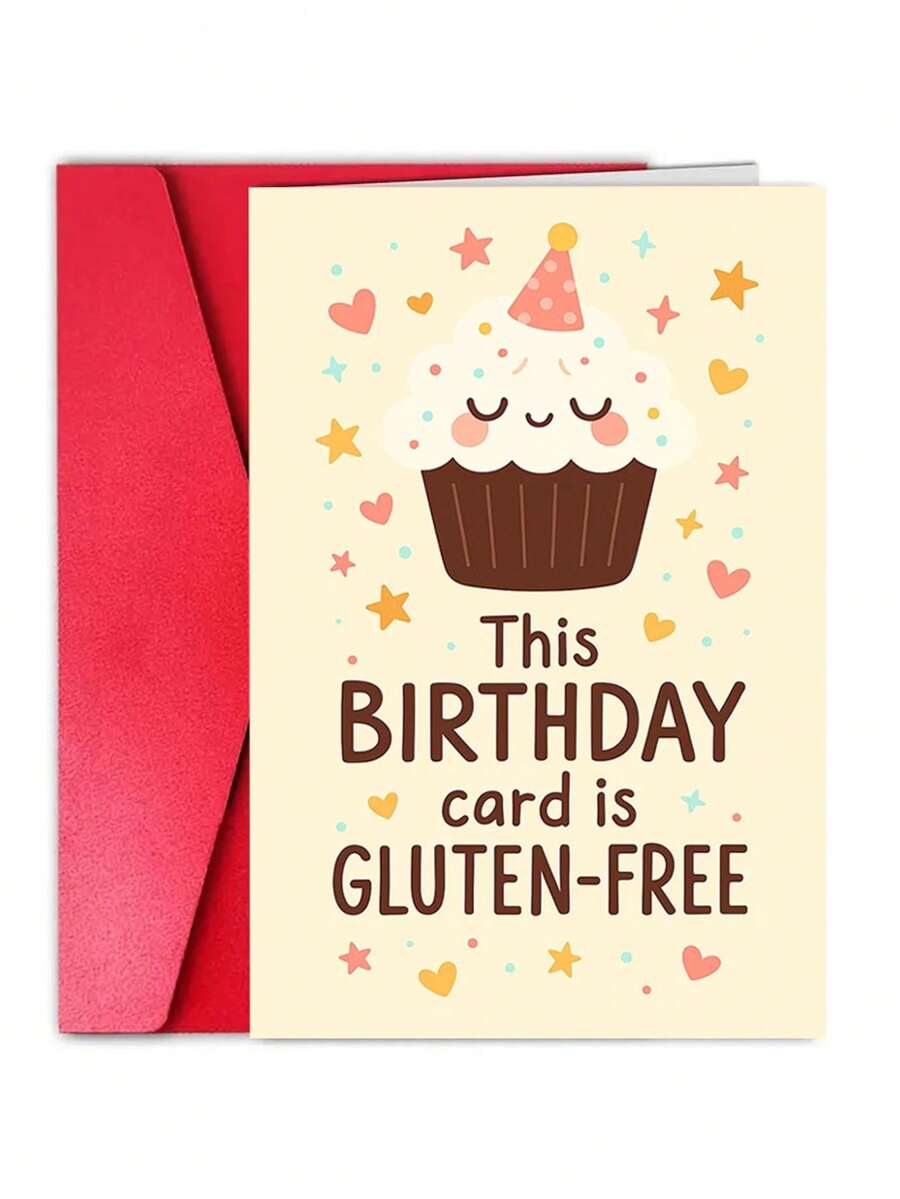 1Pc Cute Gluten Free Birthday Card With Cupcake And Celiac Disease Friendly Design - Soft Colors, Hearts, And Confetti, Suitable For Those With Celiac Disease/Gluten Intolerance - Perfect For Friends, Family, And Colleagues - Celiac Disease Awareness Gift, Birthday Party Invitation, Fun And Healthy Questions, With Playful Cupcake And Heart Patterns, Suitable For Special Occasions, Comes With A Matching Envelope For Easy Mailing - View 1