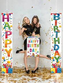 3pcs Rainbow Happy Birthday Banner Set - Large 72 Inch Photography Backdrop Porch Decor Wall Hanging Party Decorations, Suitable For Indoor Outdoor Birthday Party Adult Celebration, Photo Booth, Porch Decor, Door Sign And Any Festive Gathering Needing Colorful Party Supplies And Backdrop Decor - Multicolor - View 2