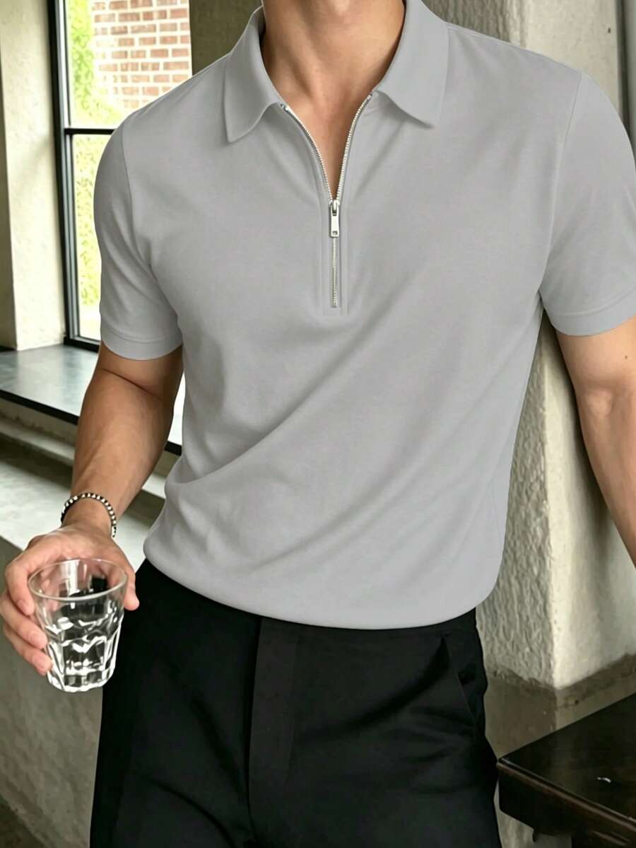 Camisa polo de manga corta de unicolor, de media cartera, versátil y casual para uso diario para hombres