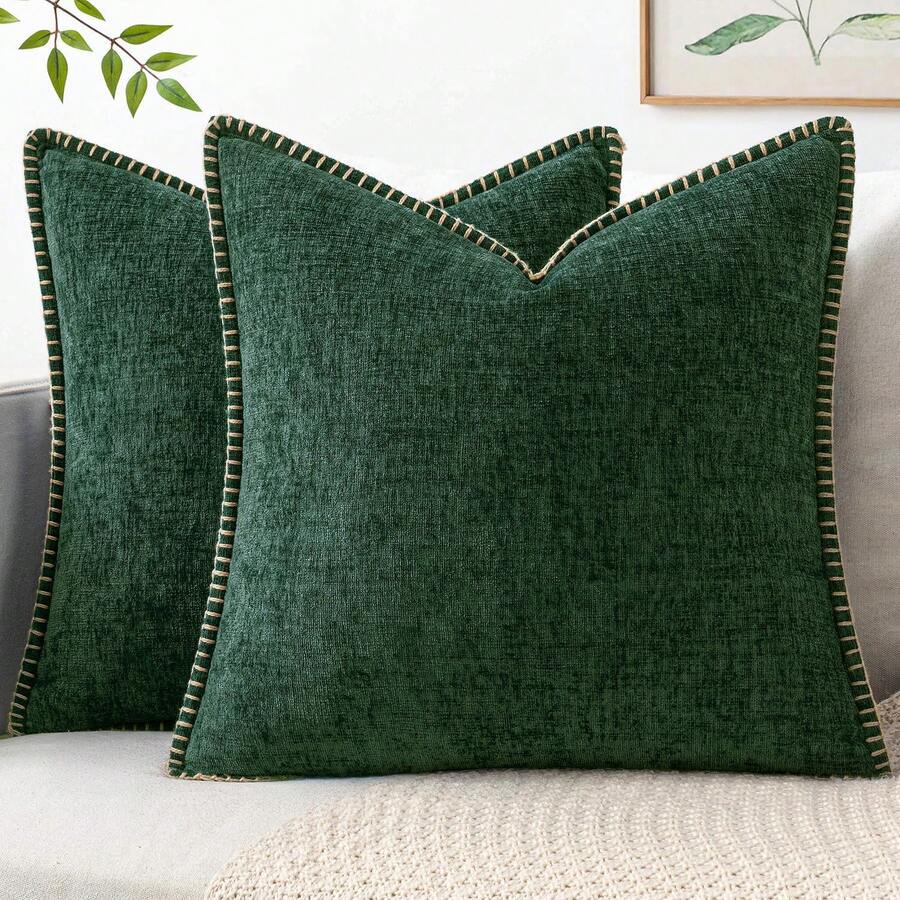 1pc Soft & Comfortable Skin-Friendly Double-Sided Chenille Pillow Cover With Stitched Edges, Moss Green (Without Filler), Suitable For Sofa And Bed, Spring/Summer - Dark Green - View 1