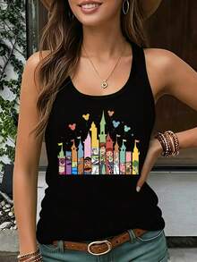 Disney Toy Story Gang Castle Skyline Women's Sleeveless Tank - Toy Story Characters Castle Silhouette With Balloons Print Racerback Top, Lightweight Casual Shirt For Disney World Trip, Summer Vacation & Daily Wear - 黑色 - 查看 1
