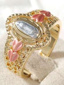 Vintage Embossed Heart-Shaped Ring For Women, Hollow Carved With Pink Enamel, Featuring Soft Artistic Style And Personalized Accessory For Daily Commute - Gold - View 10